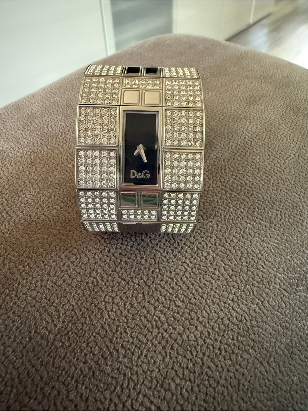 D&G Silver Crystal Pavé Bangle Watch with Black Dial